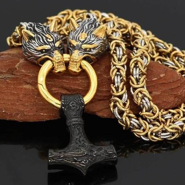 Vikings Wolf Head Mjolnir Byzantine Chain with Stainless Steel Necklace - 50CM / 20 Inches / Black