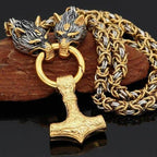 Vikings Wolf Head Mjolnir Byzantine Chain with Stainless Steel Necklace - 50CM / 20 Inches / Gold
