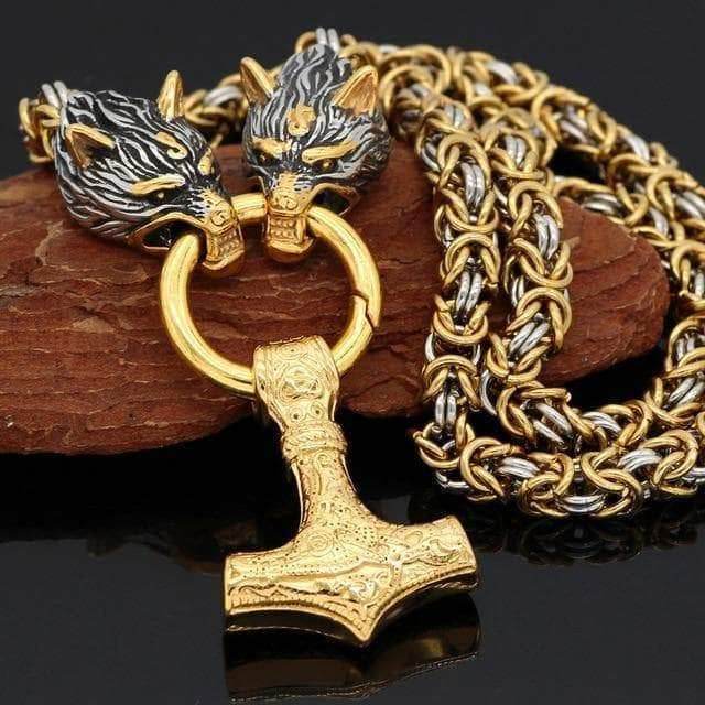 Vikings Wolf Head Mjolnir Byzantine Chain with Stainless Steel Necklace - 50CM / 20 Inches / Gold