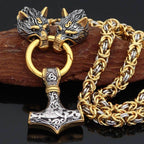 Vikings Wolf Head Mjolnir Byzantine Chain with Stainless Steel Necklace - 50CM / 20 Inches / Gold & Silver