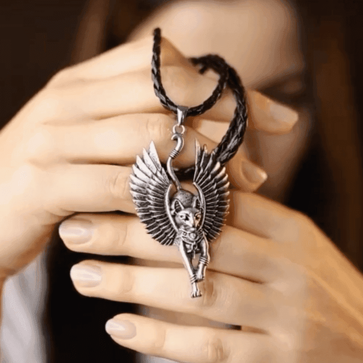 Ancient Egypt Bastet Goddess of Cats Stainless Steel Necklace - Silver