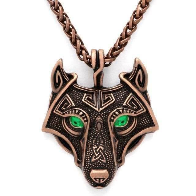Vikings Wolf Eye Colored Pendant Necklace - Green Eyes / Bronze