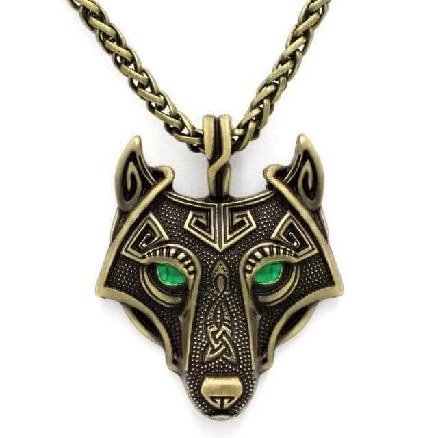 Vikings Wolf Eye Colored Pendant Necklace - Green Eyes / Gold