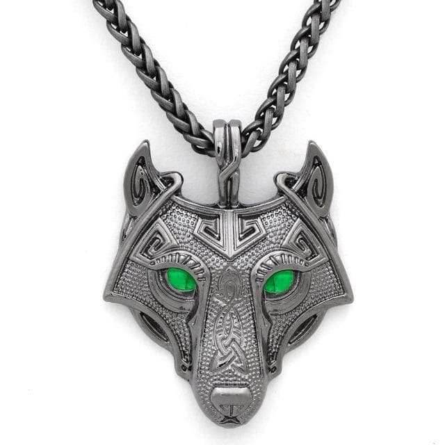 Vikings Wolf Eye Colored Pendant Necklace - Green Eyes / Silver