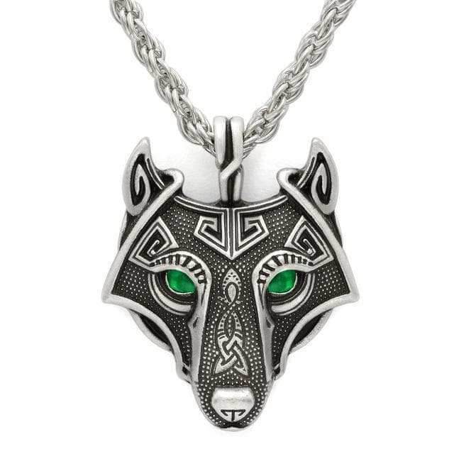 Vikings Wolf Eye Colored Pendant Necklace - Green Eyes / Stainless Steel