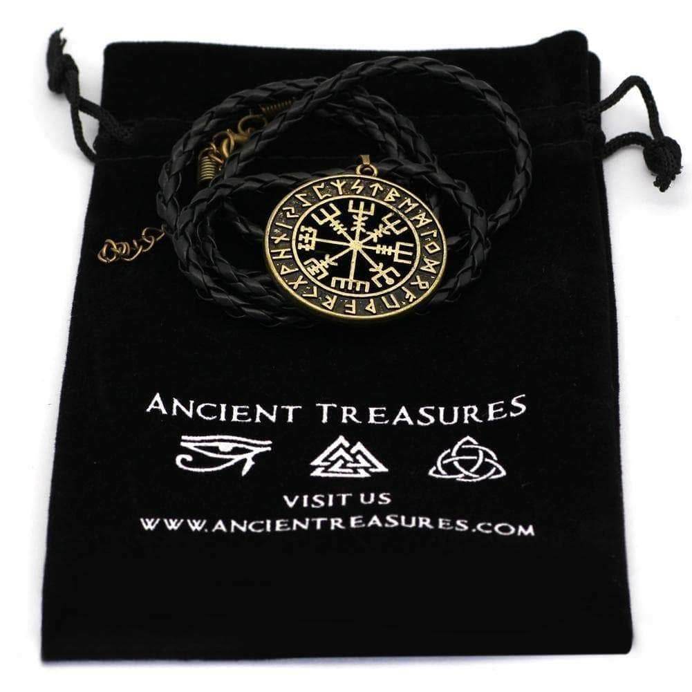 Vikings Vegvisir Stainless Steel Pendant Necklace - Leather Cord / Gold