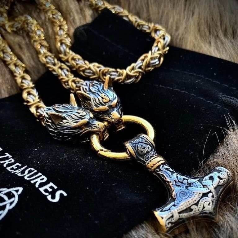 Vikings Wolf Head Mjolnir Byzantine Chain with Stainless Steel Necklace - 50CM / 20 Inches / Gold & Silver