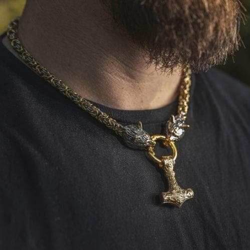 Vikings Wolf Head Mjolnir Byzantine Chain with Stainless Steel Necklace - 50CM / 20 Inches / Gold & Silver