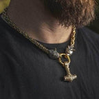Vikings Wolf Head Mjolnir Byzantine Chain with Stainless Steel Necklace - 50CM / 20 Inches / Gold & Silver