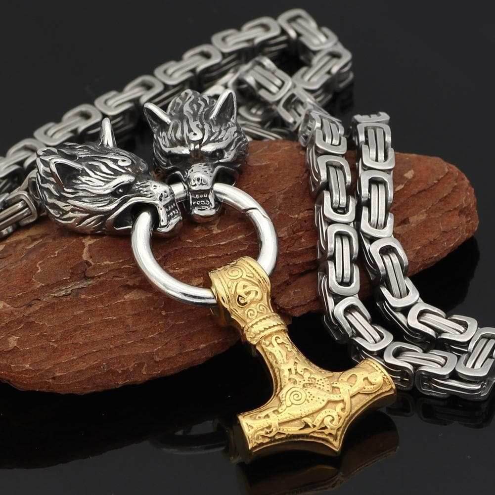 Vikings Wolf Mjolnir King Chain Stainless Steel Necklace - 50CM / 20 Inches