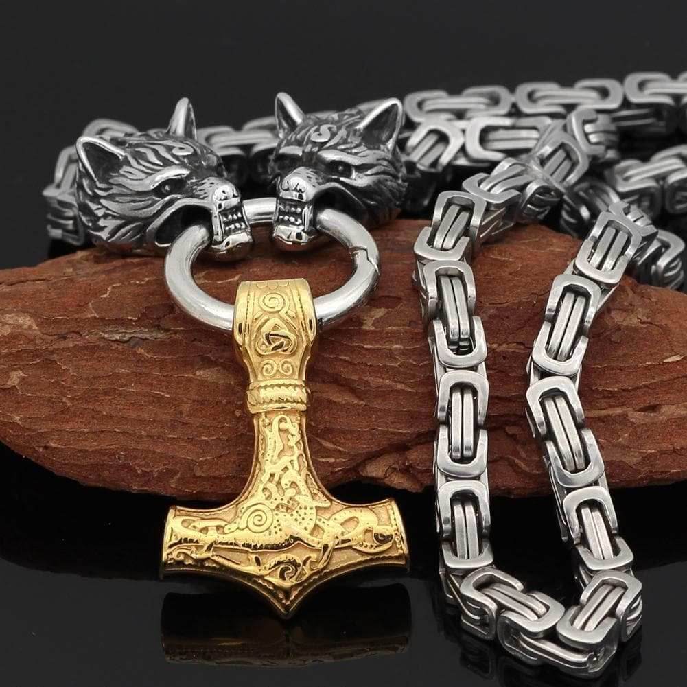 Vikings Wolf Mjolnir King Chain Stainless Steel Necklace - 50CM / 20 Inches