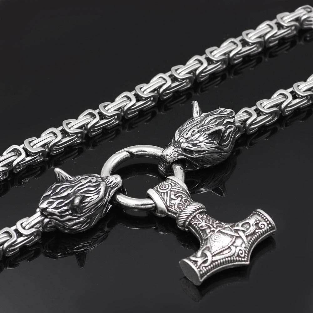 Vikings Wolf Mjolnir Stainless Steel King Chain Necklace - 50CM / 20 Inches