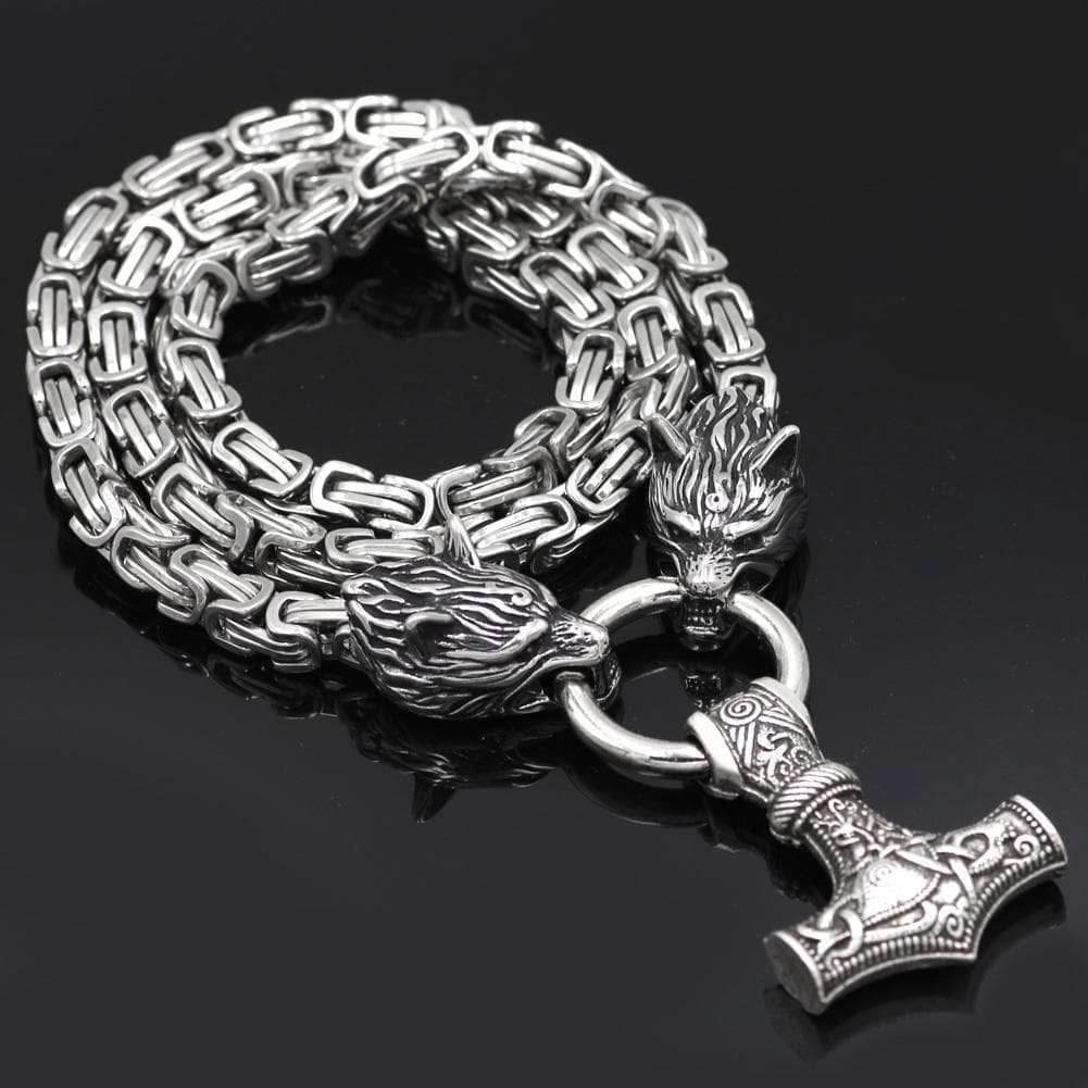 Vikings Wolf Mjolnir Stainless Steel King Chain Necklace - 50CM / 20 Inches