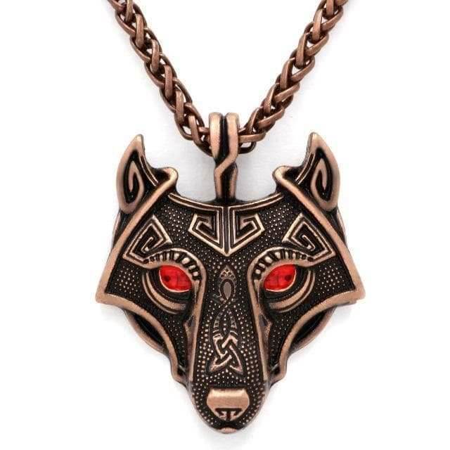 Vikings Wolf Eye Colored Pendant Necklace - Red Eyes / Bronze