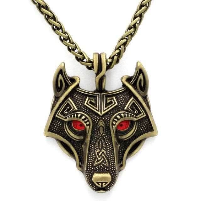 Vikings Wolf Eye Colored Pendant Necklace - Red Eyes / Gold