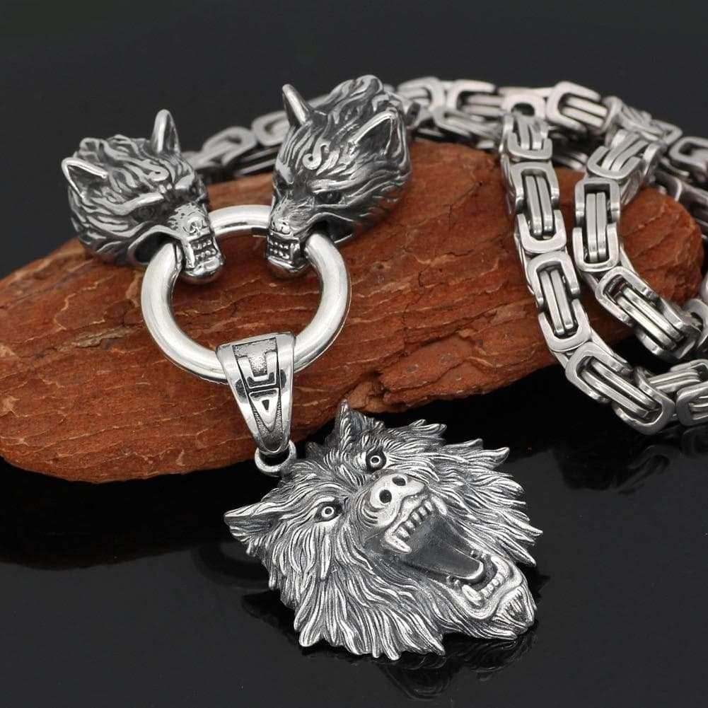 Vikings Geri & Freki Fenrir's Head Stainless Steel Necklace - 50 CM / 20 INCHES