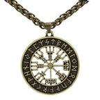 Vikings Vegvisir Stainless Steel Pendant Necklace - Leather Cord / Silver
