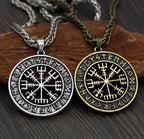 Vikings Vegvisir Stainless Steel Pendant Necklace - Leather Cord / Silver