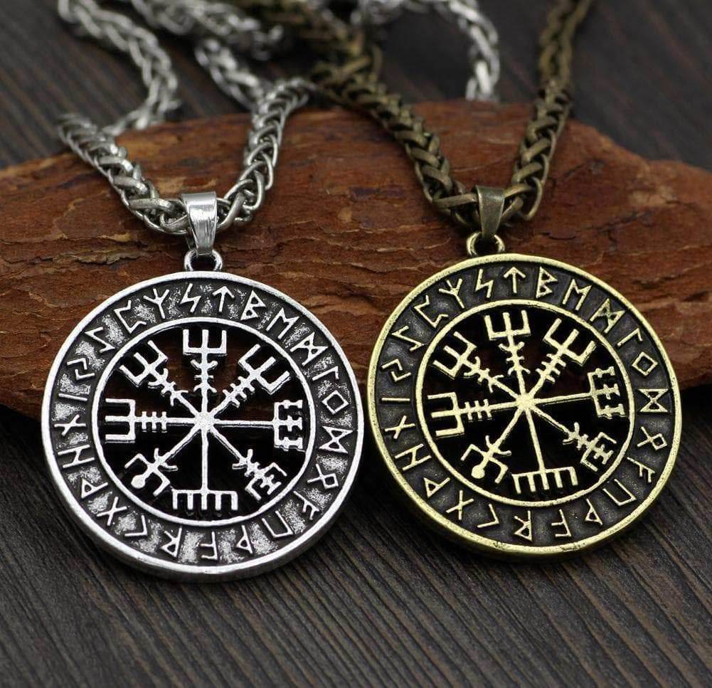 Vikings Vegvisir Stainless Steel Pendant Necklace - Leather Cord / Silver