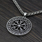 Vikings Vegvisir Stainless Steel Pendant Necklace - Leather Cord / Silver