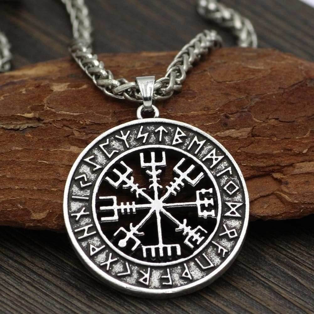 Vikings Vegvisir Stainless Steel Pendant Necklace - Leather Cord / Silver