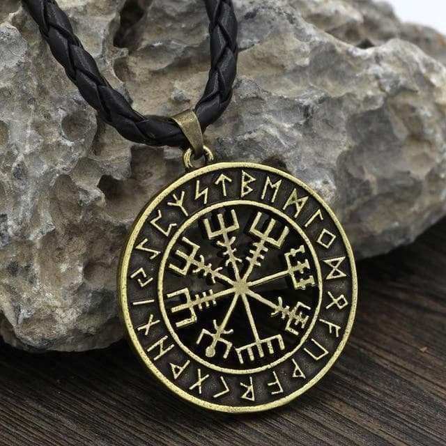 Vikings Vegvisir Stainless Steel Pendant Necklace - Leather Cord / Silver