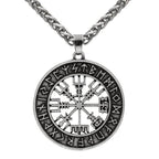 Vikings Vegvisir Stainless Steel Pendant Necklace - Leather Cord / Silver