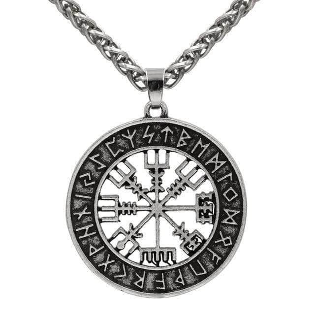Vikings Vegvisir Stainless Steel Pendant Necklace - Leather Cord / Silver