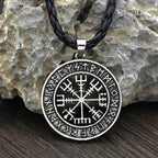Vikings Vegvisir Stainless Steel Pendant Necklace - Leather Cord / Silver