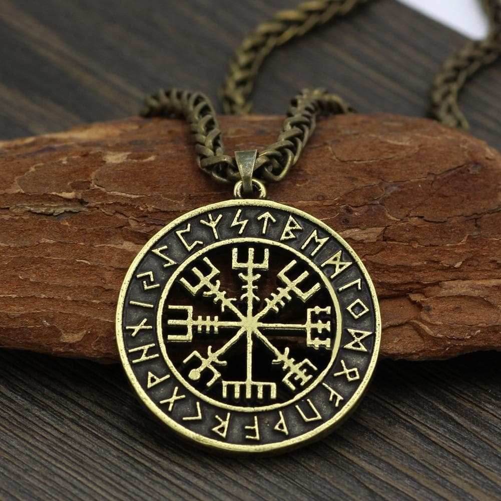Vikings Vegvisir Stainless Steel Pendant Necklace - Leather Cord / Silver