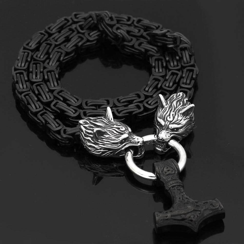 Vikings Wolf Head Mjolnir King Chain Stainless Steel Necklace - 50CM / 20 Inches