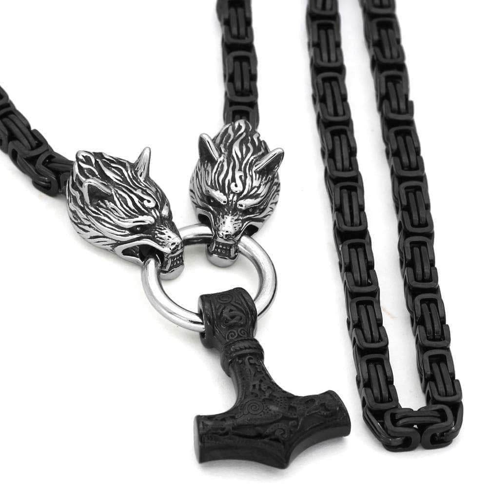 Vikings Wolf Head Mjolnir King Chain Stainless Steel Necklace - 50CM / 20 Inches