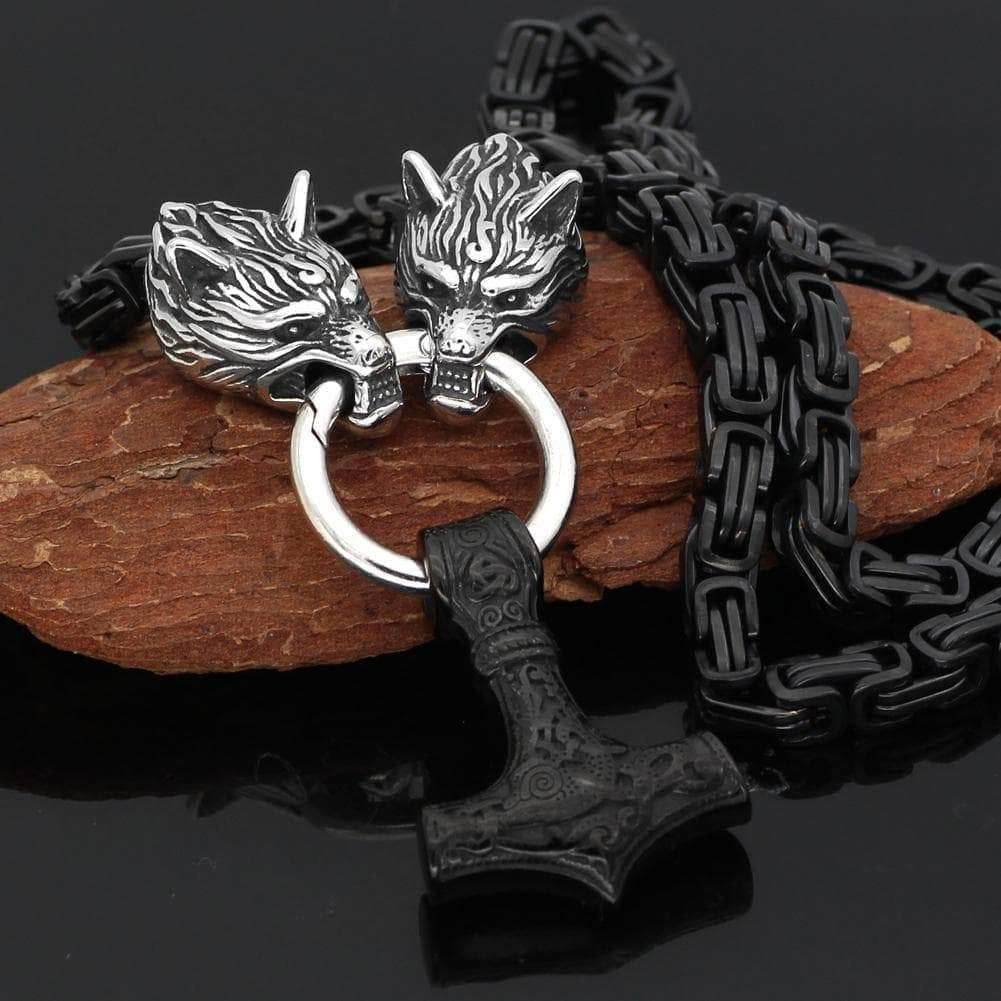 Vikings Wolf Head Mjolnir King Chain Stainless Steel Necklace - 50CM / 20 Inches