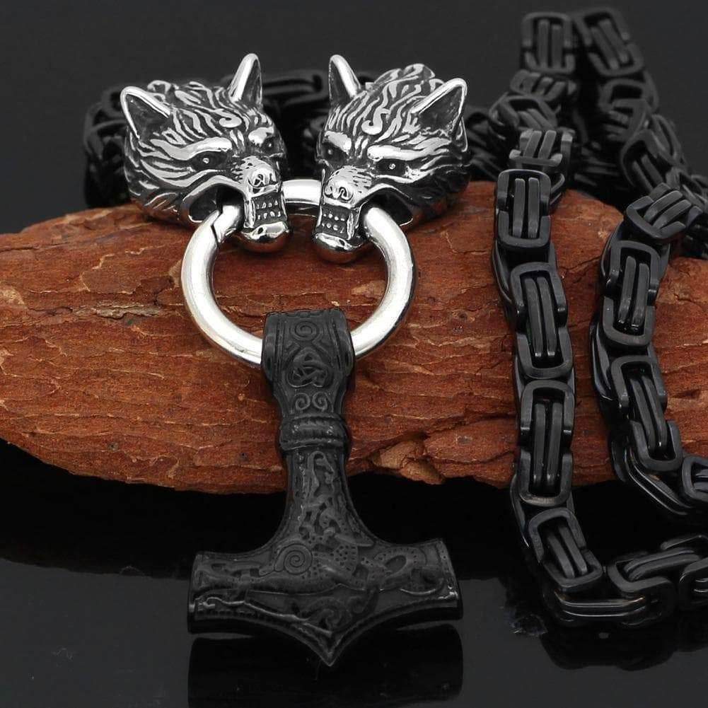 Vikings Wolf Head Mjolnir King Chain Stainless Steel Necklace - 50CM / 20 Inches