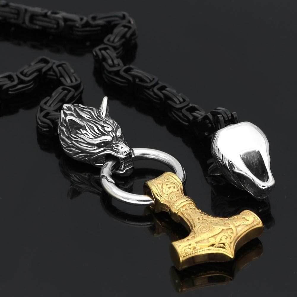Vikings Wolf Head Mjolnir King Chain Stainless Steel Necklace - 50 CM / 20 Inches