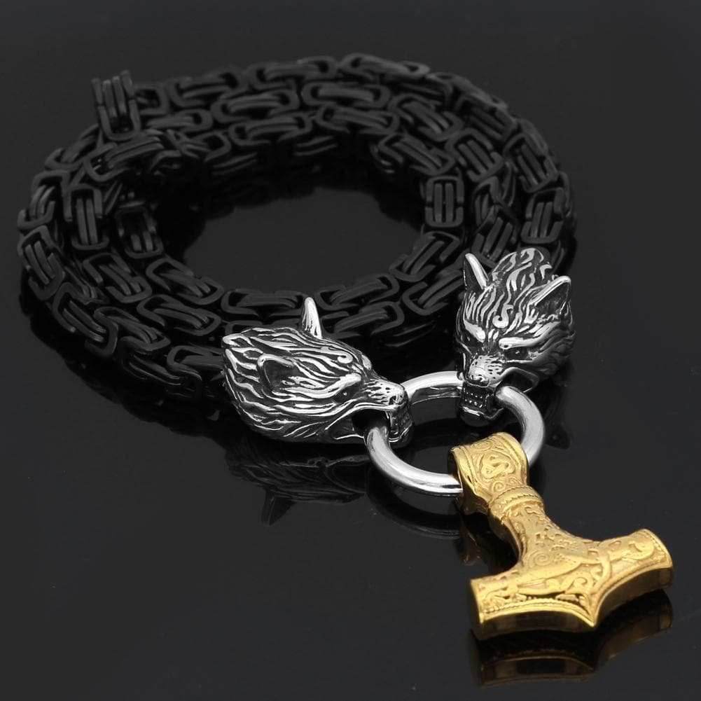Vikings Wolf Head Mjolnir King Chain Stainless Steel Necklace - 50 CM / 20 Inches