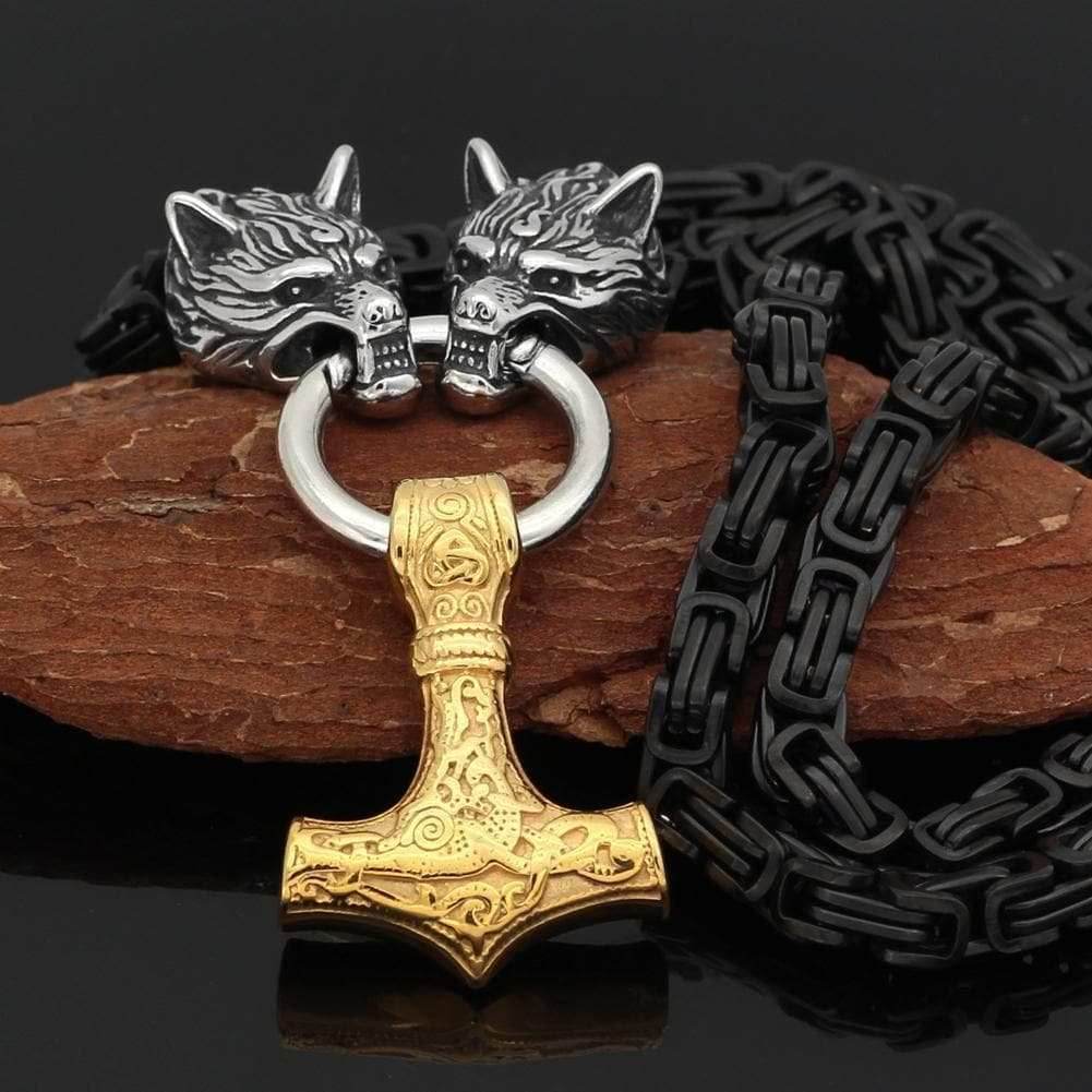 Vikings Wolf Head Mjolnir King Chain Stainless Steel Necklace - 50 CM / 20 Inches