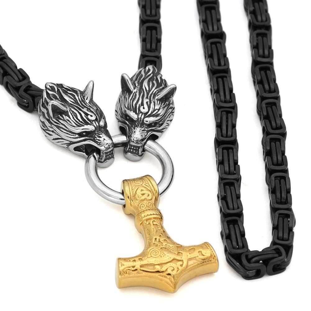 Vikings Wolf Head Mjolnir King Chain Stainless Steel Necklace - 50 CM / 20 Inches