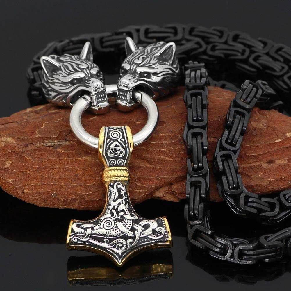 Vikings Wolf Head Black King Chain Mjolnir Stainless Steel Necklace - 50CM / 20 Inches