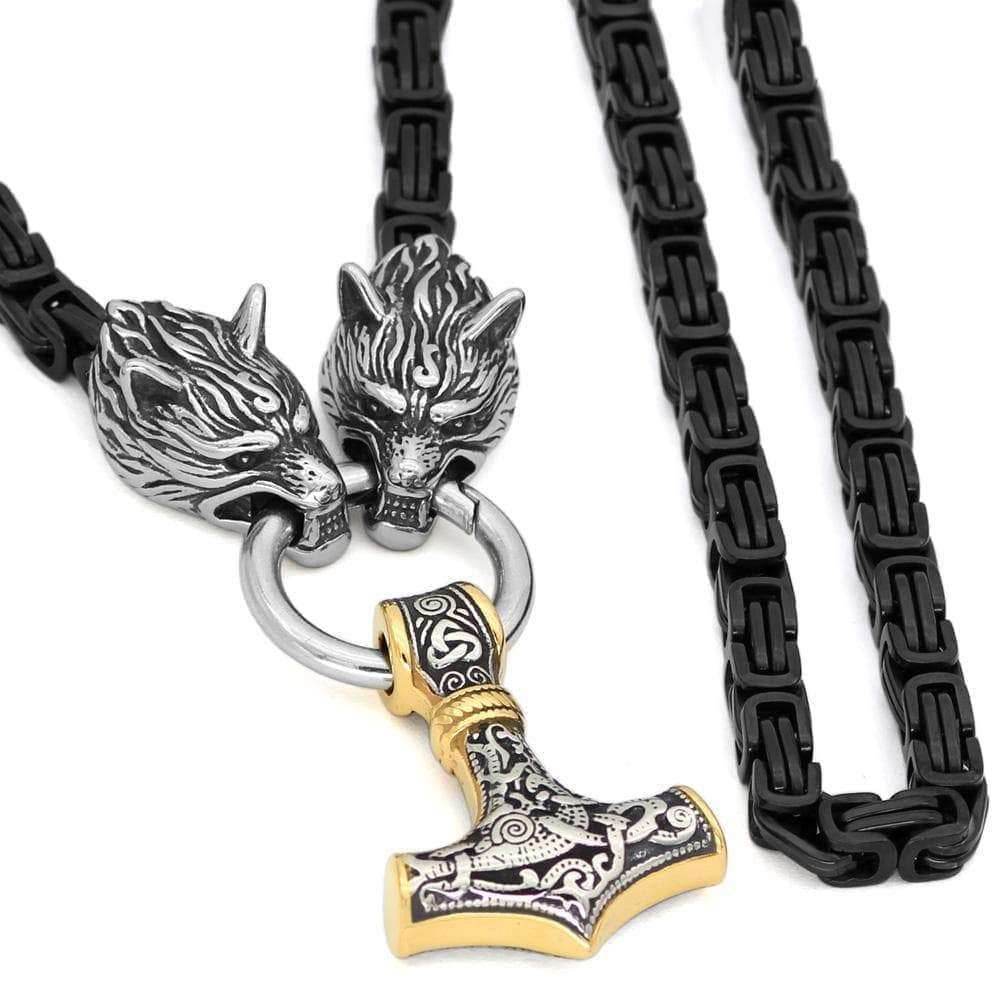 Vikings Wolf Head Black King Chain Mjolnir Stainless Steel Necklace - 50CM / 20 Inches