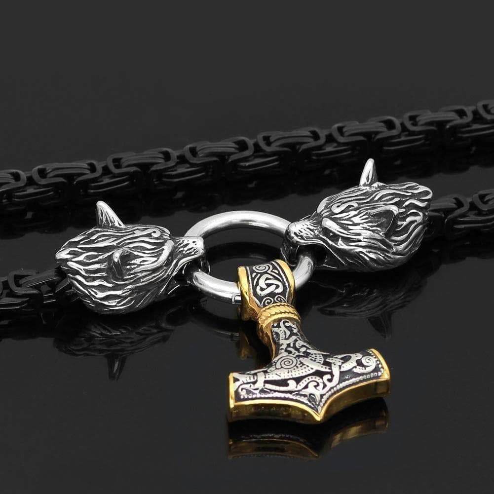 Vikings Wolf Head Black King Chain Mjolnir Stainless Steel Necklace - 50CM / 20 Inches