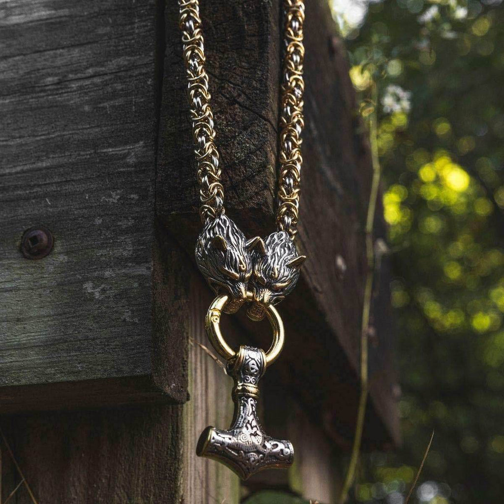 Vikings Wolf Head Mjolnir Byzantine Chain with Stainless Steel Necklace - 50CM / 20 Inches / Gold & Silver