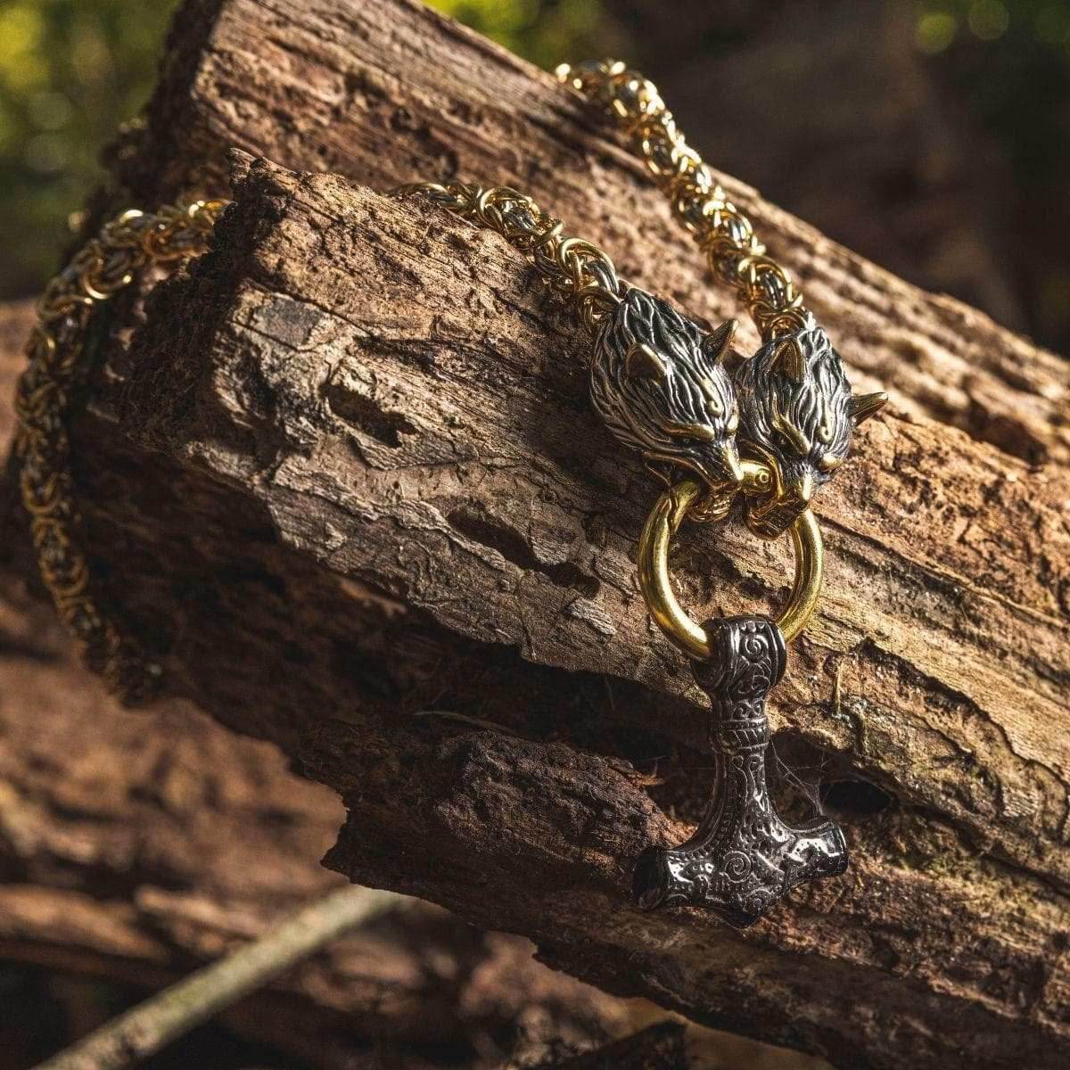 Vikings Wolf Head Mjolnir Byzantine Chain with Stainless Steel Necklace - 50CM / 20 Inches / Gold & Silver