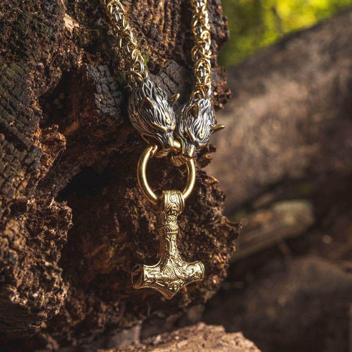 Vikings Wolf Head Mjolnir Byzantine Chain with Stainless Steel Necklace - 50CM / 20 Inches / Gold & Silver