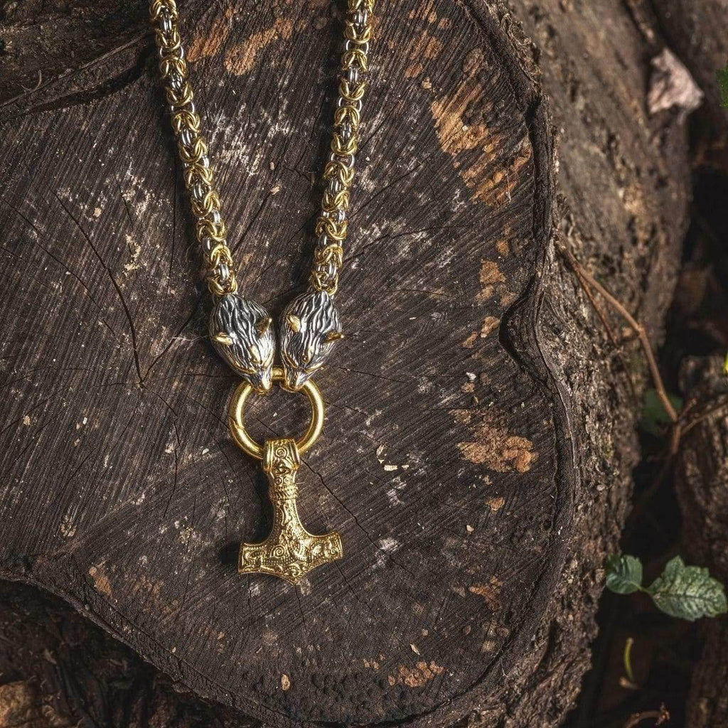 Vikings Wolf Head Mjolnir Byzantine Chain with Stainless Steel Necklace - 50CM / 20 Inches / Gold & Silver