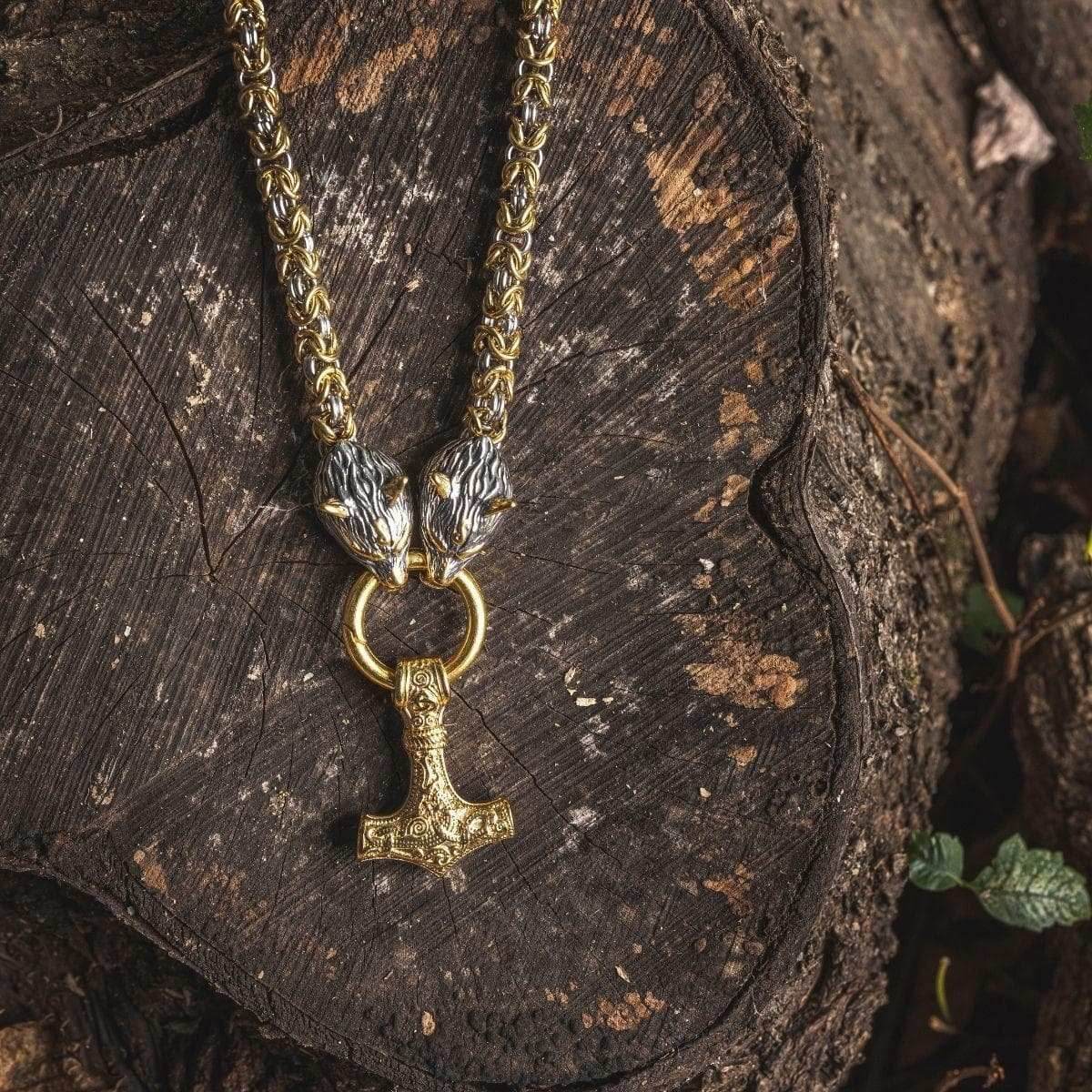 Vikings Wolf Head Mjolnir Byzantine Chain with Stainless Steel Necklace - 50CM / 20 Inches / Gold & Silver