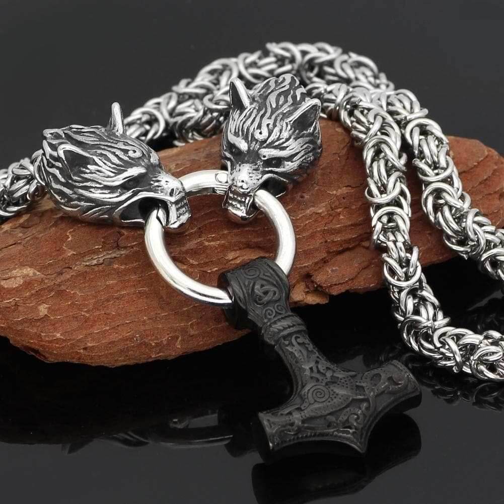Vikings Wolf Head Mjolnir King Chain Stainless Steel Necklace - 50CM / 20 Inches