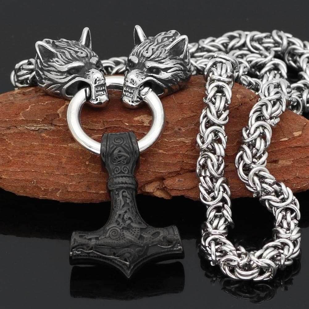 Vikings Wolf Head Mjolnir King Chain Stainless Steel Necklace - 50CM / 20 Inches