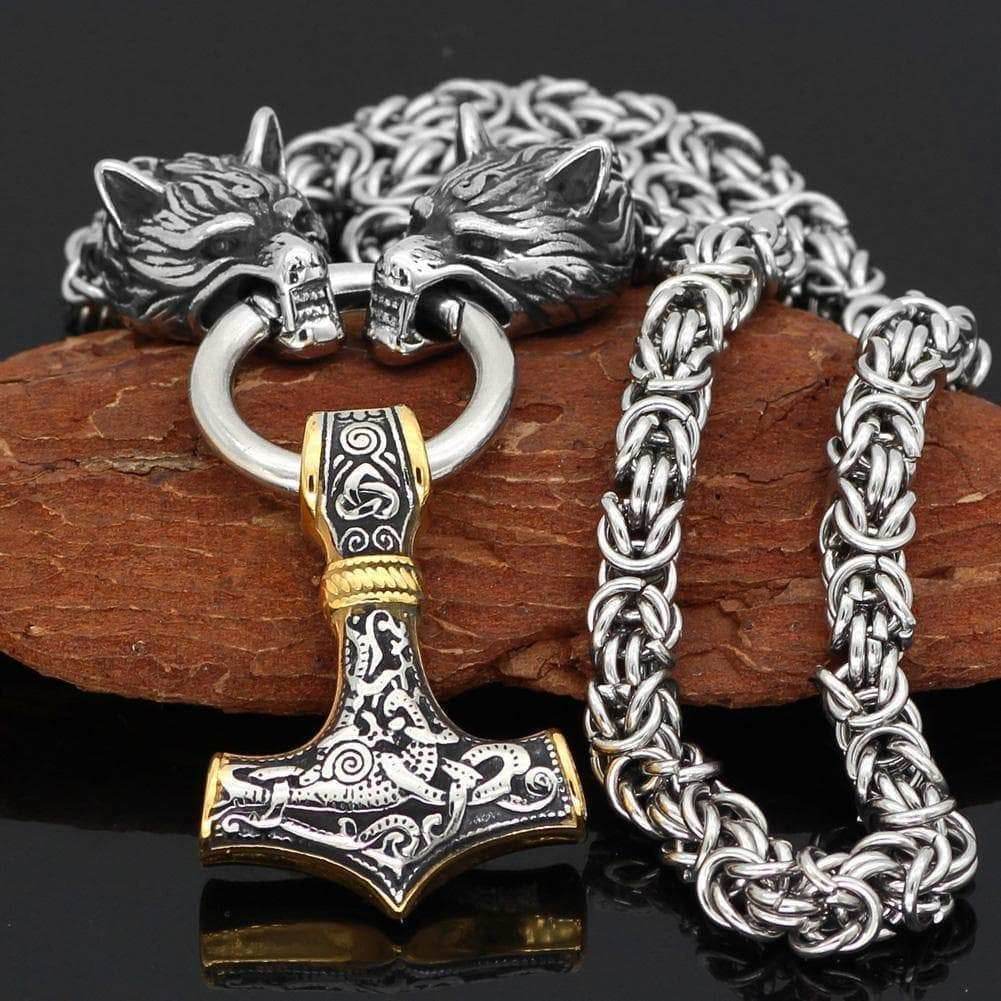Vikings Wolf Head Mjolnir King Chain Stainless Steel Necklace - 50CM / 20 Inches