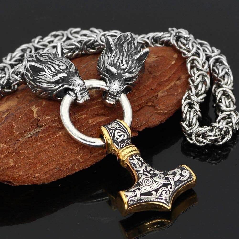 Vikings Wolf Head Mjolnir King Chain Stainless Steel Necklace - 50CM / 20 Inches